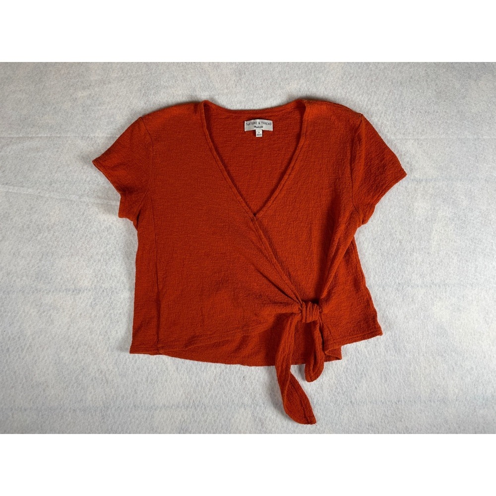 Texture & Thread Madewell Orange Textured Short Sleeve Wrap Tie‎ Crop Top Size S